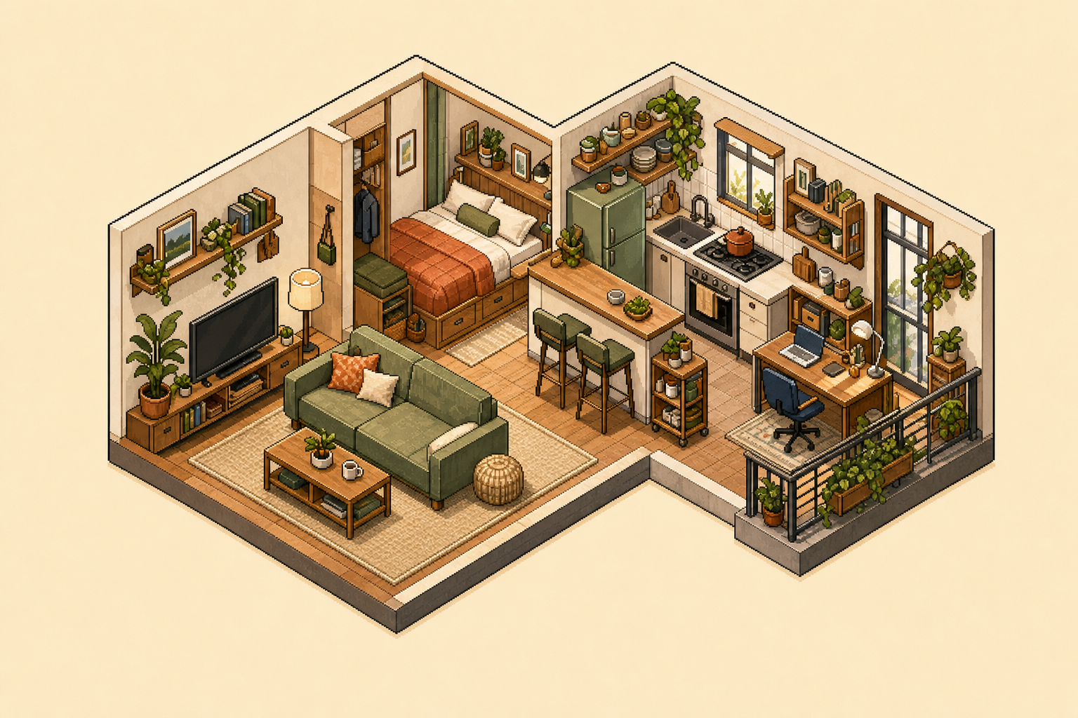 Isometric illustration of an organized compact apartment